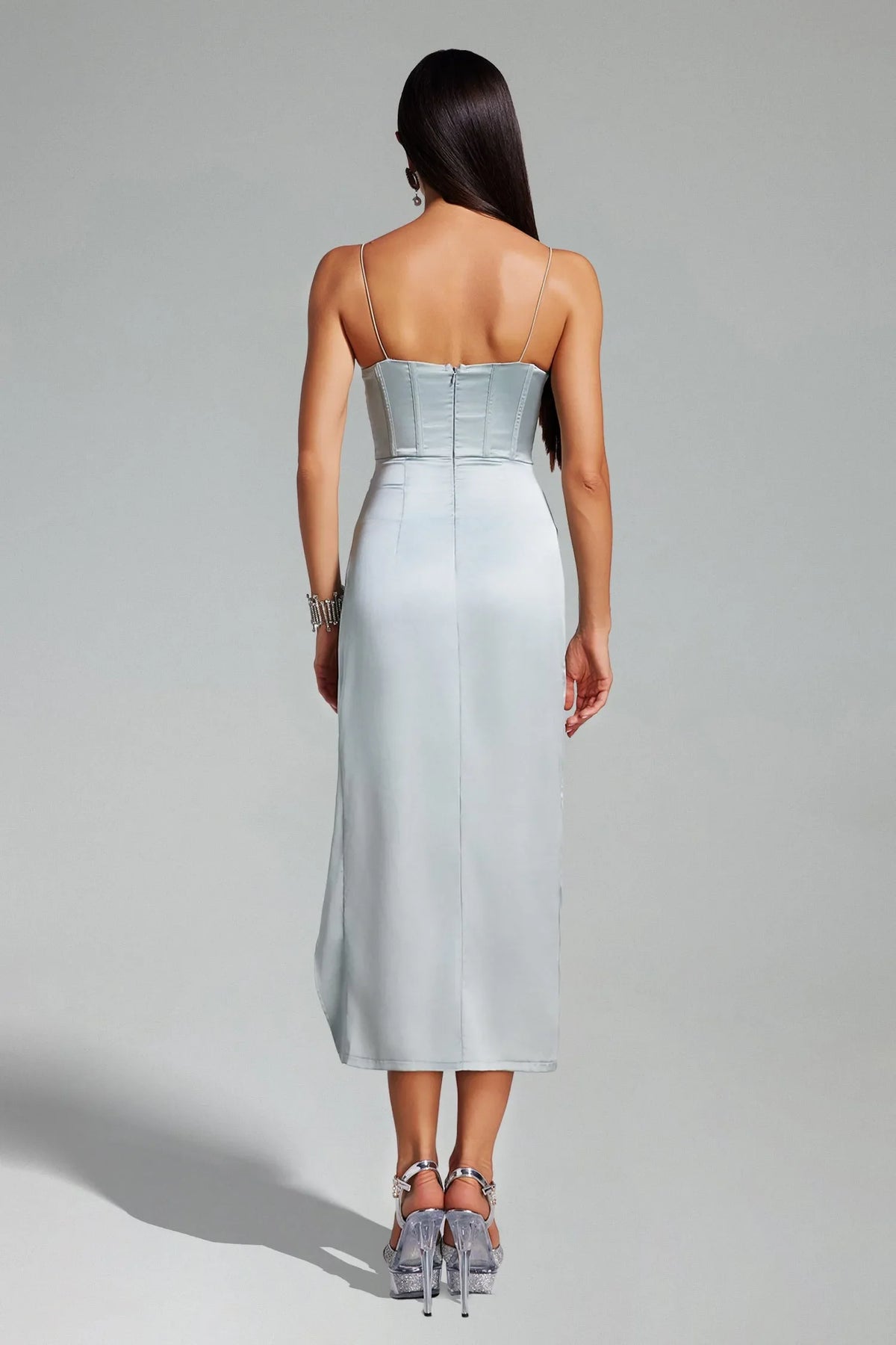 Dress Sleeveless Strapless Satin Dress Spaghetti Straps Tea-Length Prom Dress With Hight Slit