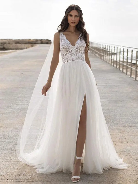 Dress Sleeveless V-Neck Lace Applique Wedding Dress A-line With Hight Slit Bride Dress