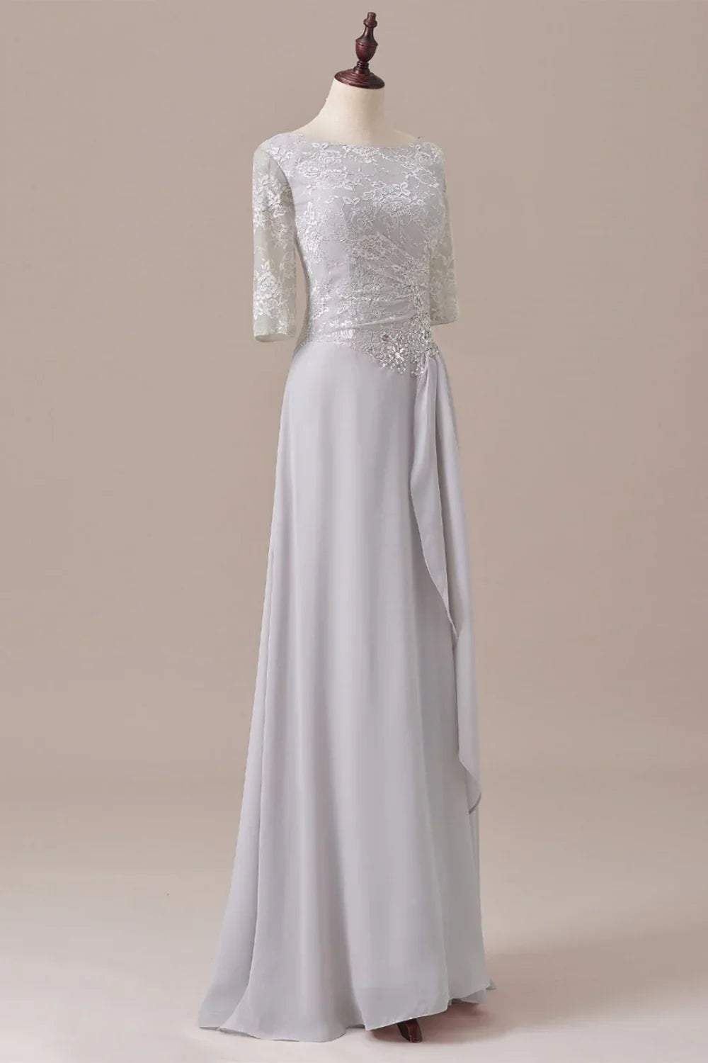 Dress Sliver Half Sleeve Chiffon Lace Diamond Zipper Back Mother of the Bride Dress