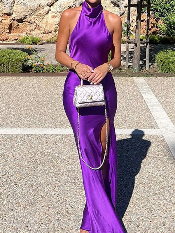 Dress Soft Halter Sleeveless Mermaid Satin Long Prom Dresses Party Dress