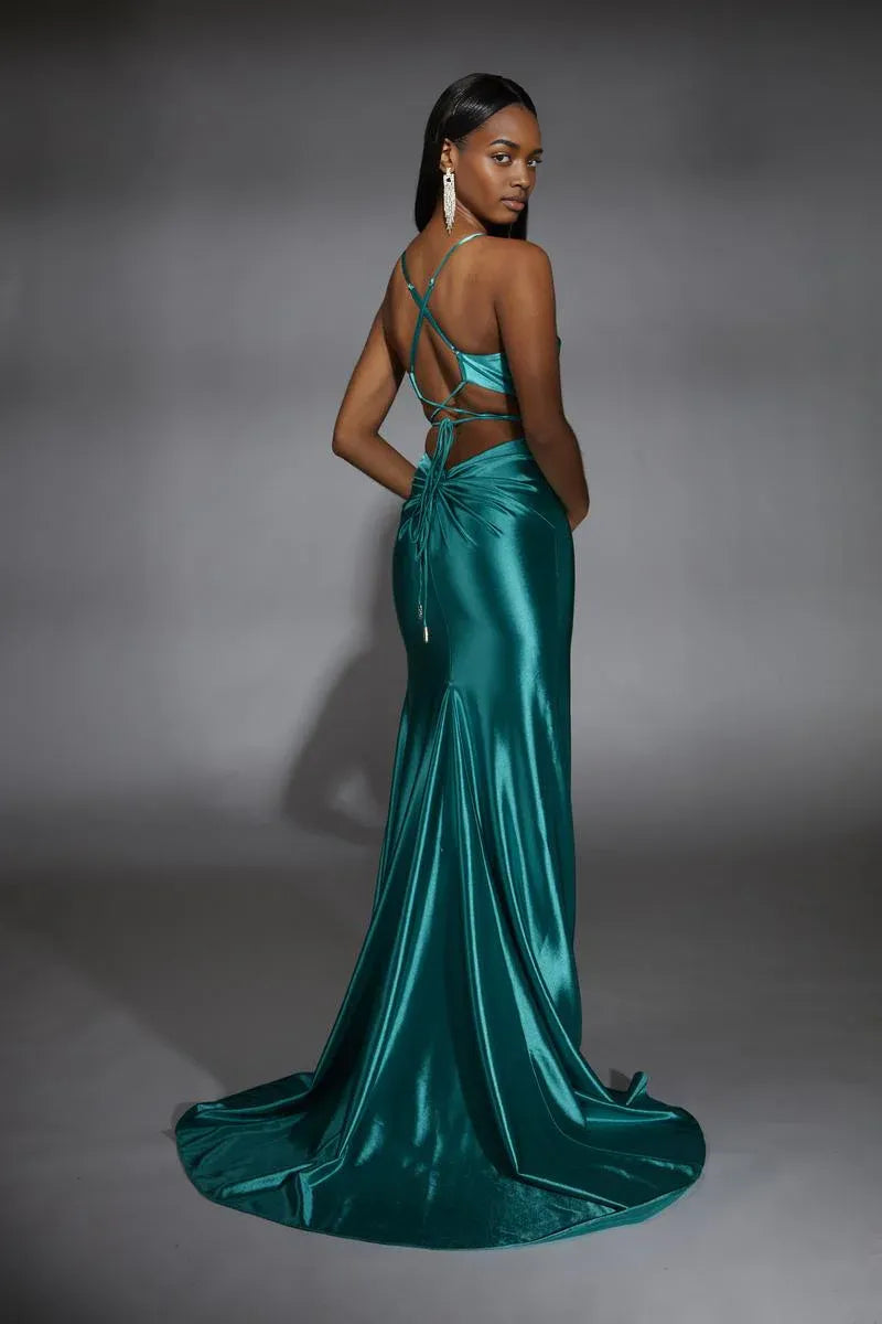 Dress Solid Color Spaghetti Straps V Neck Evening Dress Sheath/Column Sweep/Brush Train Prom Dress