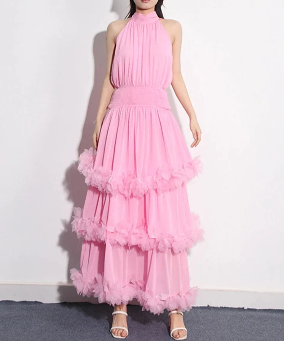 Dress Solid Patchwork Lace Up High Waist Long Dress Party Dress Elegant Sleeveless A-line Prom Dress