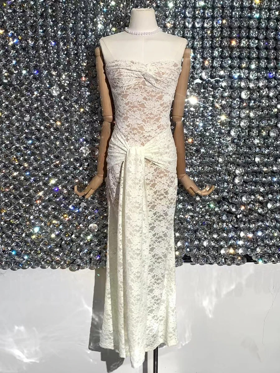 Dress Solid Spliced Lace Up Slimming Dresses For Women Strapless Sleeveless High Wist Temperament Long Dress Female New Prom Dress