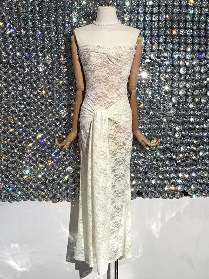 Dress Solid Spliced Lace Up Slimming Dresses For Women Strapless Sleeveless High Wist Temperament Long Dress Female New Prom Dress