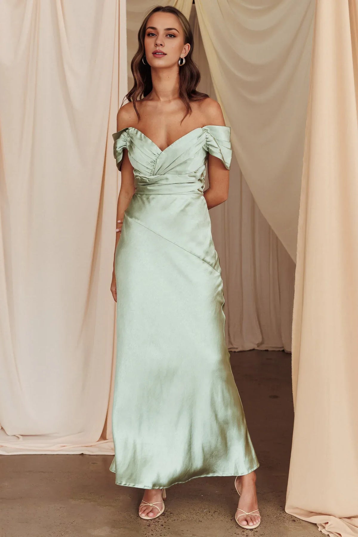 Dress Sophisticated Light Green Satin Maxi Dress Featuring Off Shoulder Wrap Front Asymmetric Hem and Satin Finish Prom Dress