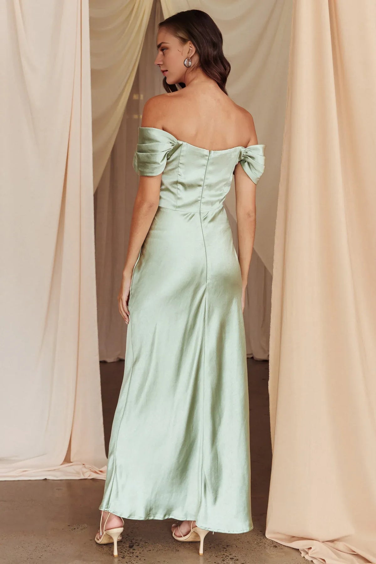 Dress Sophisticated Light Green Satin Maxi Dress Featuring Off Shoulder Wrap Front Asymmetric Hem and Satin Finish Prom Dress