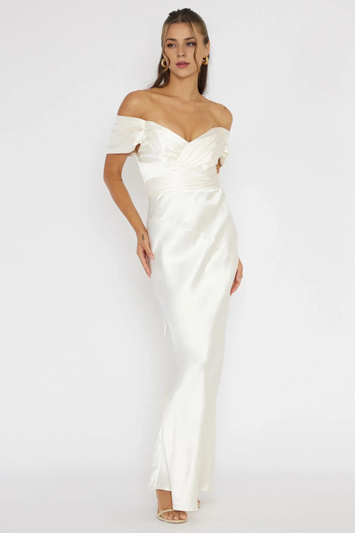 Dress Sophisticated Light Green Satin Maxi Dress Featuring Off Shoulder Wrap Front Asymmetric Hem and Satin Finish Prom Dress