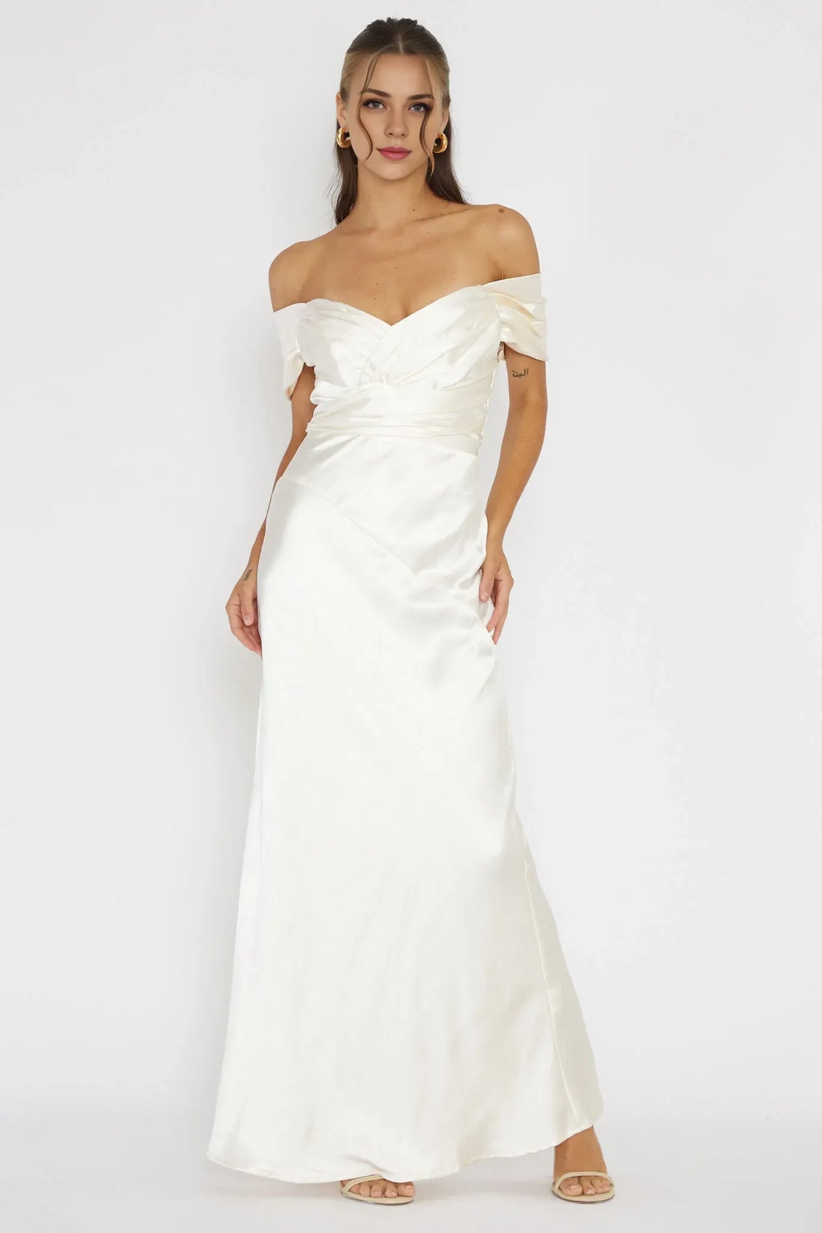 Dress Sophisticated Light Green Satin Maxi Dress Featuring Off Shoulder Wrap Front Asymmetric Hem and Satin Finish Prom Dress