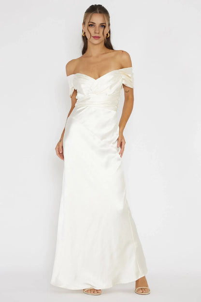 Dress Sophisticated Light Green Satin Maxi Dress Featuring Off Shoulder Wrap Front Asymmetric Hem and Satin Finish Prom Dress