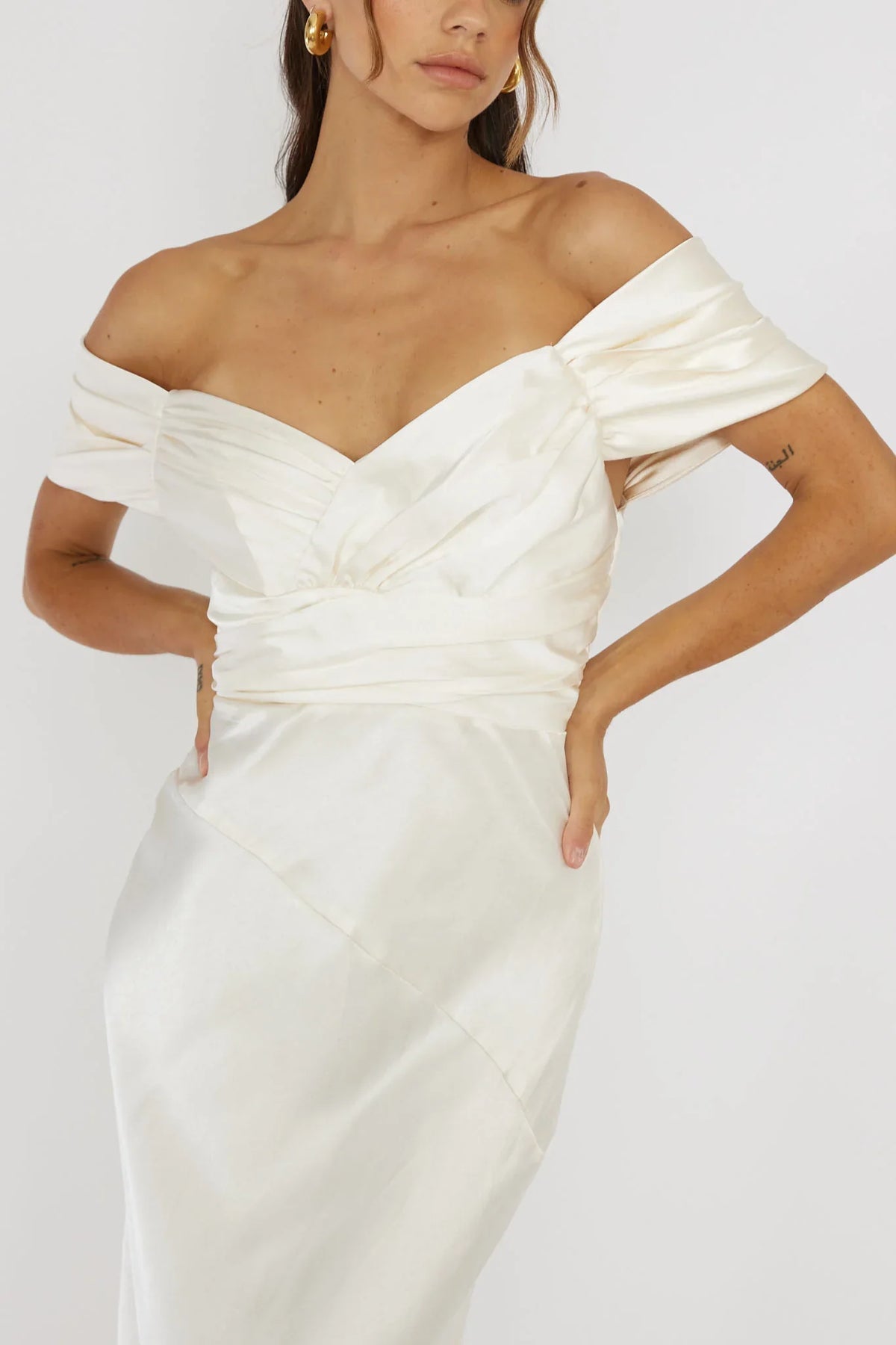 Dress Sophisticated Light Green Satin Maxi Dress Featuring Off Shoulder Wrap Front Asymmetric Hem and Satin Finish Prom Dress