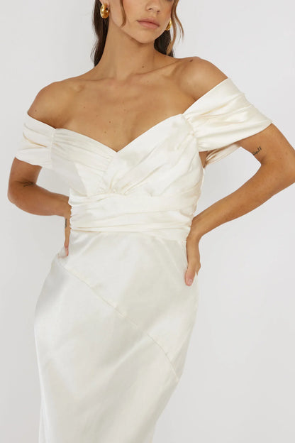 Dress Sophisticated Light Green Satin Maxi Dress Featuring Off Shoulder Wrap Front Asymmetric Hem and Satin Finish Prom Dress