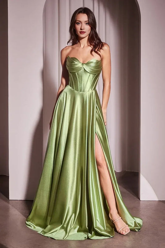 Dress Sophisticated Olive Green Satin Dress Strapless Pleated High Slit Capturing Timeless Grace Prom Dress