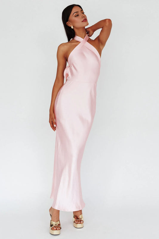 Dress Sophisticated Pale Pink Satin Maxi Dress Featuring Halter Neck Open Back Design And Bow Accent Prom Dress
