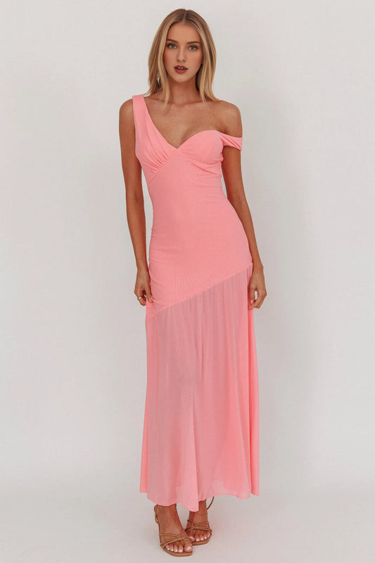 Dress Sophisticated Pink Off Shoulder Maxi Dress Featuring Asymmetric Design Sheer Skirt Panel and Bodycon Fit Prom Dress