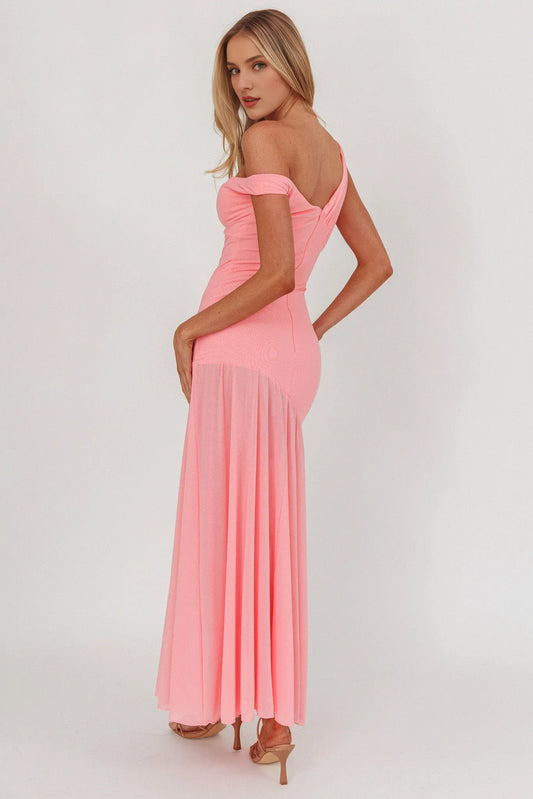 Dress Sophisticated Pink Off Shoulder Maxi Dress Featuring Asymmetric Design Sheer Skirt Panel and Bodycon Fit Prom Dress
