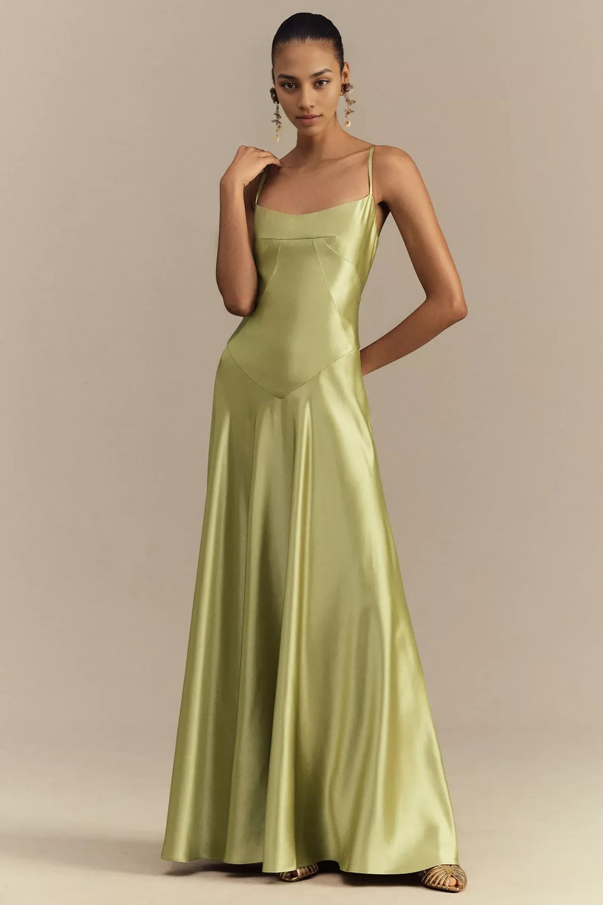 Pale‑Green Satin A‑Line Square‑Neck Thin‑Strap Lace‑Up‑Back Floor‑Length Bridesmaid Dress