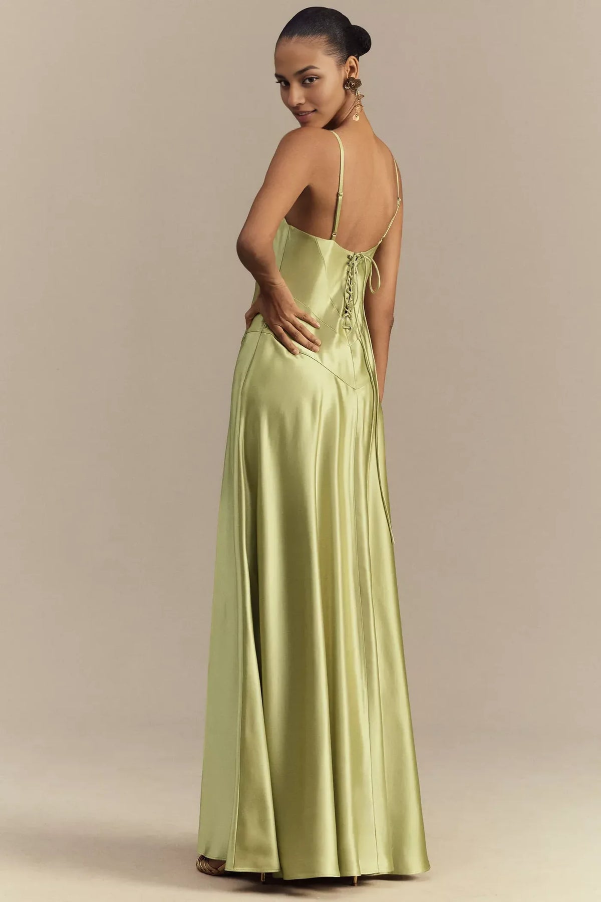 Pale‑Green Satin A‑Line Square‑Neck Thin‑Strap Lace‑Up‑Back Floor‑Length Bridesmaid Dress
