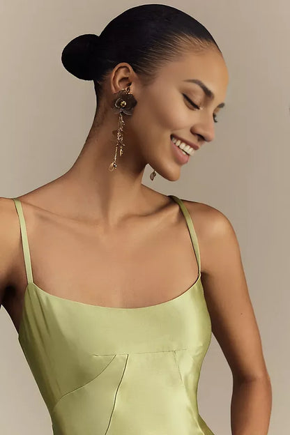 Pale‑Green Satin A‑Line Square‑Neck Thin‑Strap Lace‑Up‑Back Floor‑Length Bridesmaid Dress