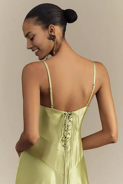Pale‑Green Satin A‑Line Square‑Neck Thin‑Strap Lace‑Up‑Back Floor‑Length Bridesmaid Dress