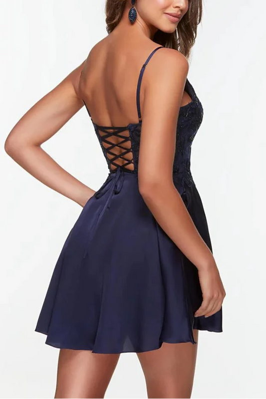 Dress Spaghetti Straps A-line Sleeveless Backless Lace Up Applique Homecoming Dress