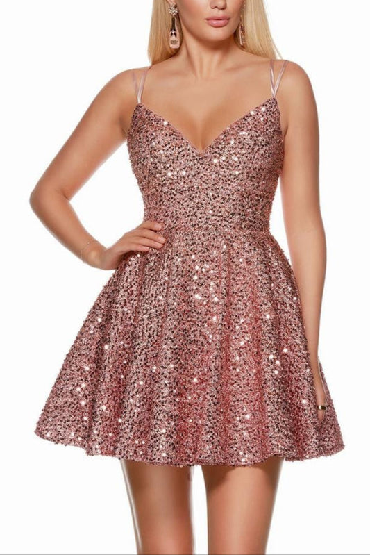 Dress Spaghetti Straps A-line Sleeveless Backless Lace Up Sequins Homecoming Dress