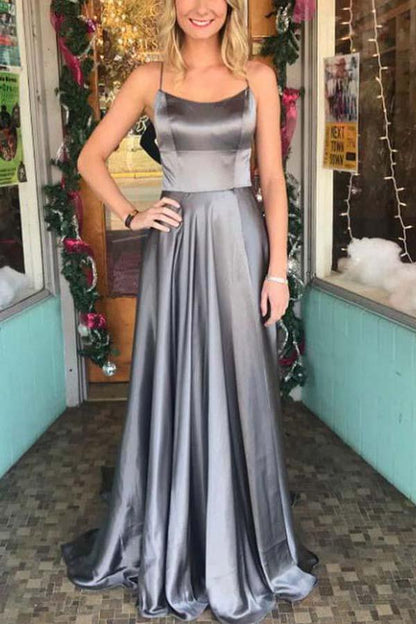 Dress Spaghetti Straps Backless Grey Custom Long Evening Prom Dresses