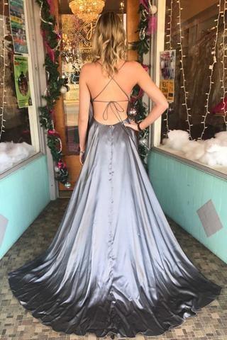 Dress Spaghetti Straps Backless Grey Custom Long Evening Prom Dresses