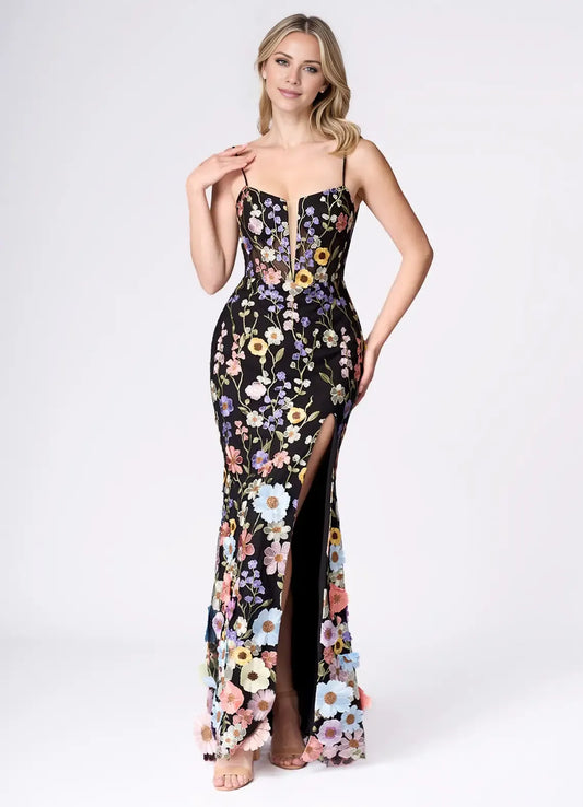 Dress Spaghetti Straps Black Romantic 3D Flower Maxi Dress Sleeveless Mermaid Side Slit Prom Dress