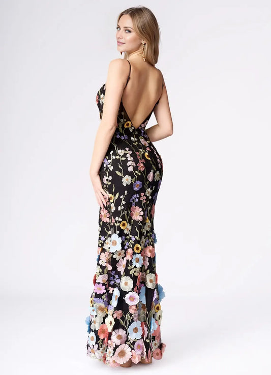 Dress Spaghetti Straps Black Romantic 3D Flower Maxi Dress Sleeveless Mermaid Side Slit Prom Dress