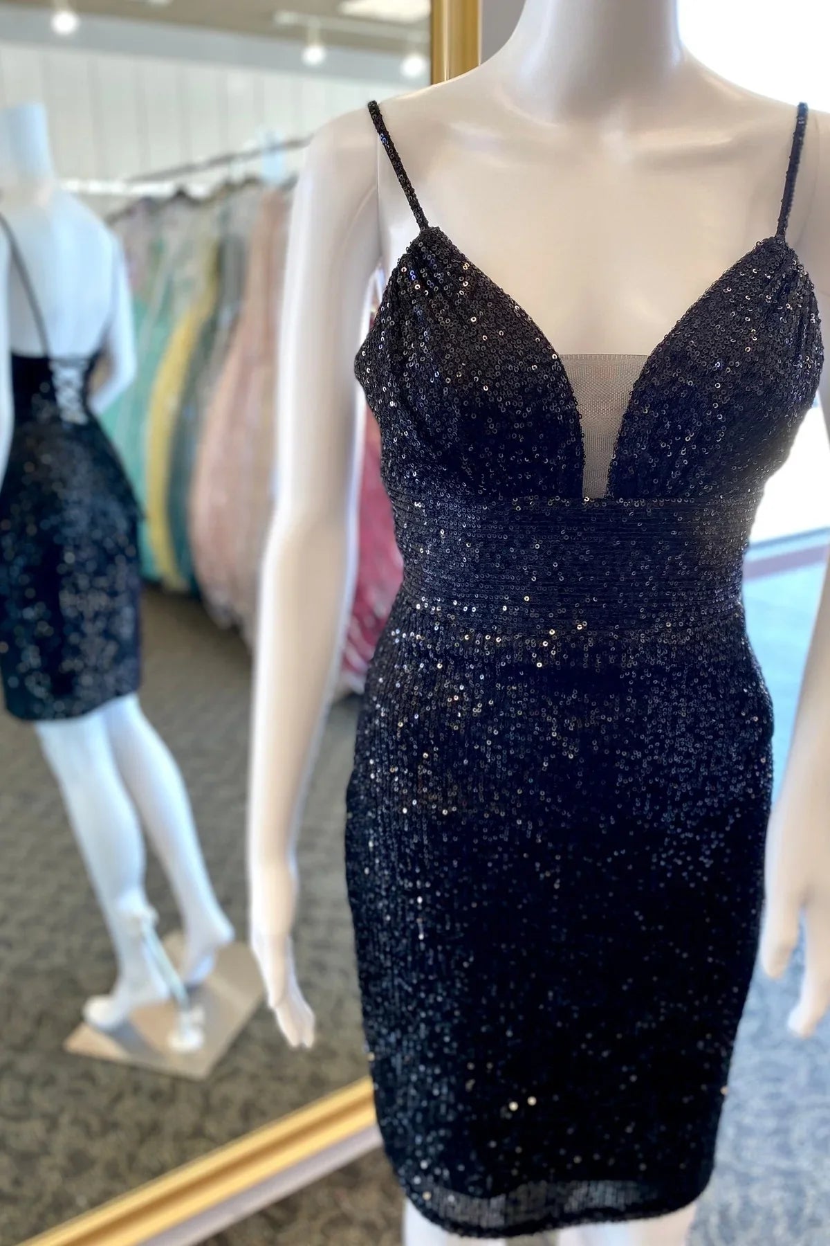 Dress Spaghetti Straps Black Sequin Bodycon Short Party Dress Lace-Up Back Homecoming Dress