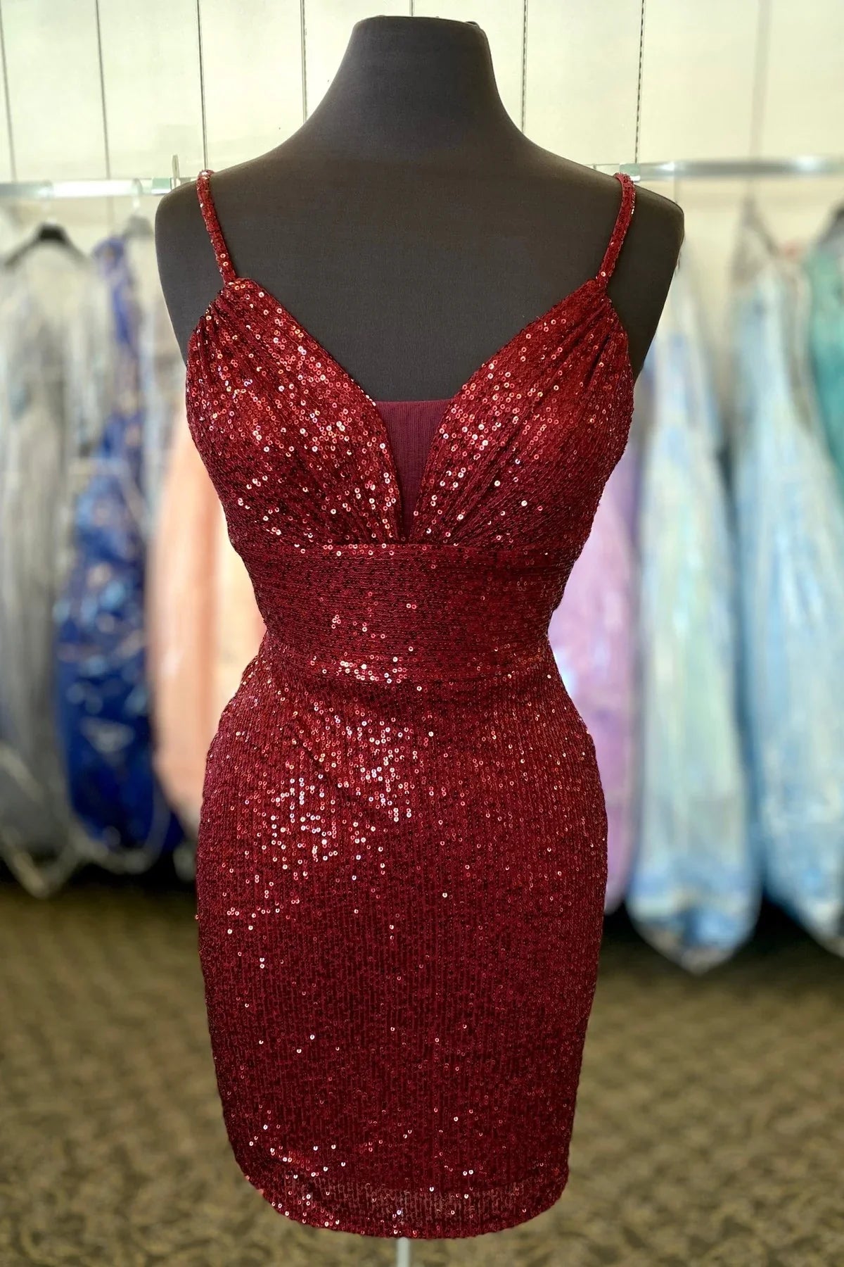 Dress Spaghetti Straps Black Sequin Bodycon Short Party Dress Lace-Up Back Homecoming Dress