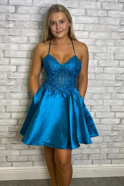 Dress Spaghetti Straps Blue Appliques Satin A-line Short Dress Sleeveless Homecoming Dress