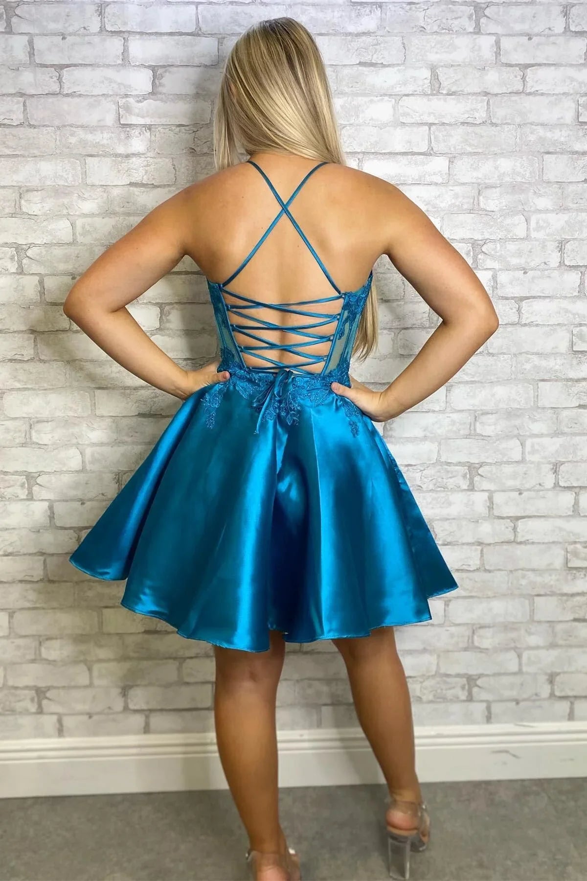 Dress Spaghetti Straps Blue Appliques Satin A-line Short Dress Sleeveless Homecoming Dress