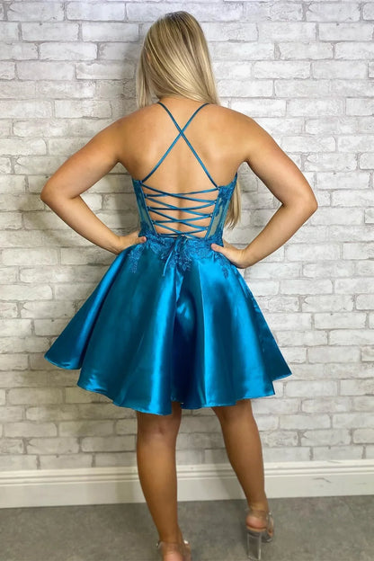 Dress Spaghetti Straps Blue Appliques Satin A-line Short Dress Sleeveless Homecoming Dress