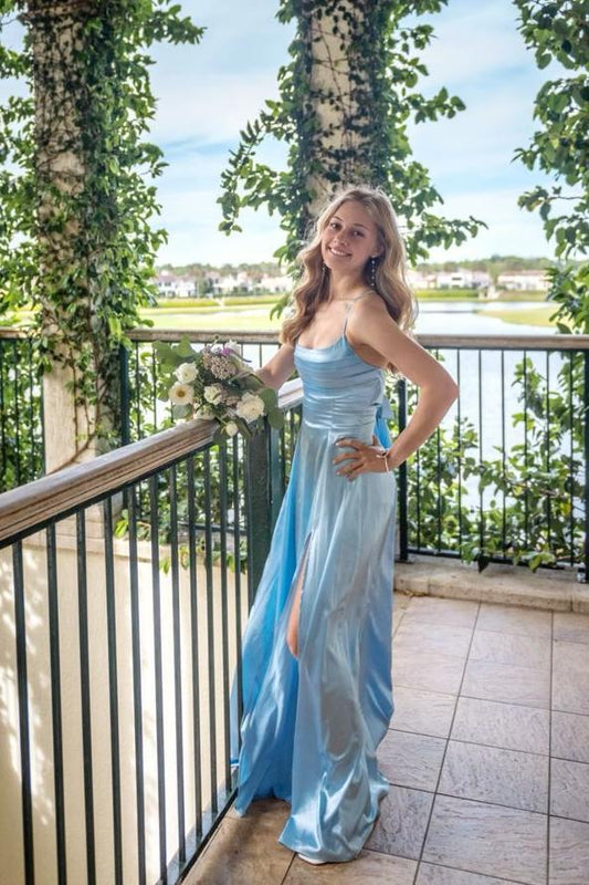 Dress Spaghetti Straps Blue Ruched Soft Satin A-line Party Dress Sleeveless Prom Dress