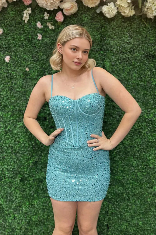 Dress Spaghetti Straps Blue Sequin Bodycon Short Dress Homecoming Dress