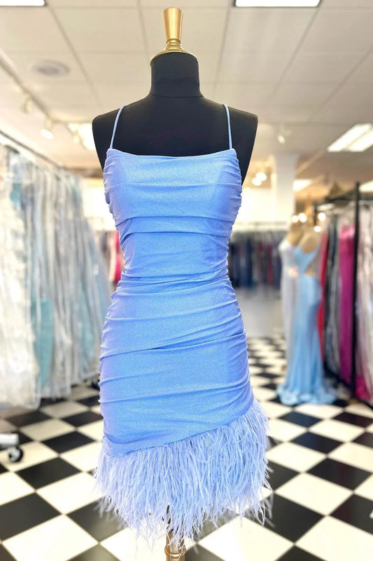 Dress Spaghetti Straps Blue Tight Mini Dress With Feathers Sleeveless Homecoming Dress
