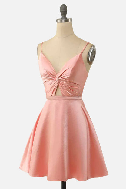 Dress Spaghetti Straps Blush Twist Short Party Dress Zip-Up Back Homecoming Dress
