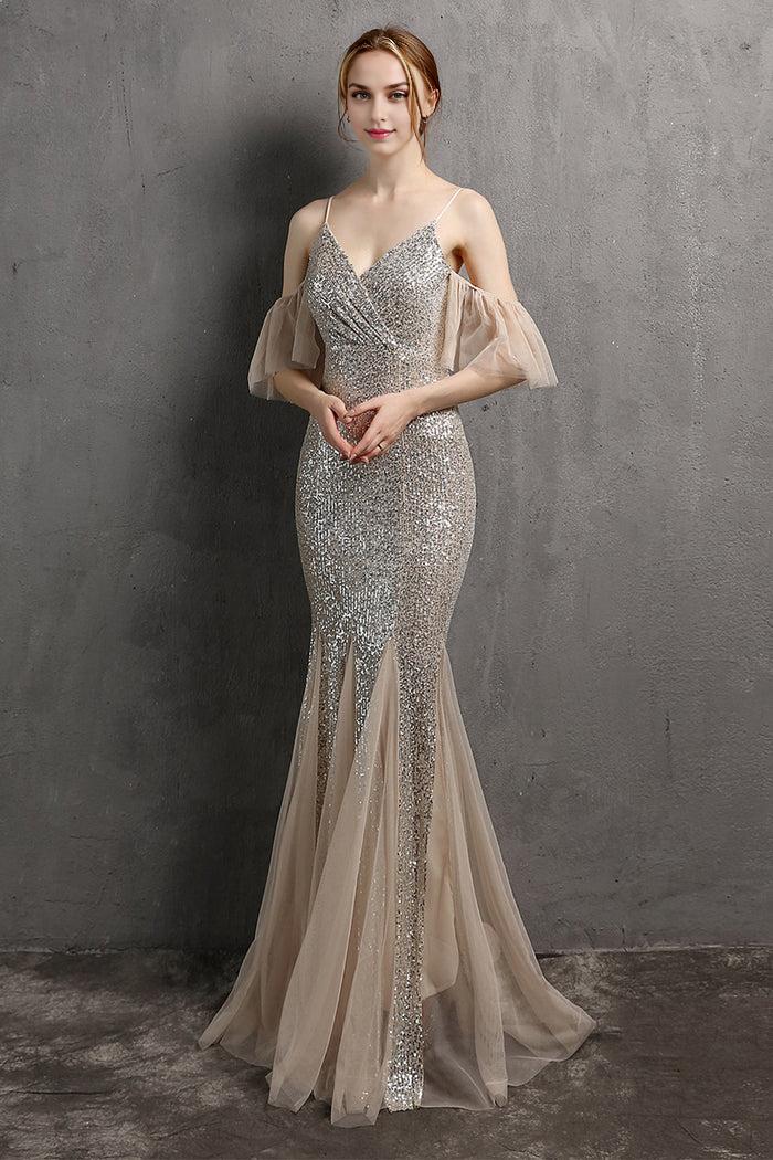 Dress Spaghetti Straps Champagne Sequin Long Party Dress With Ruffles Sleeveless Prom Dress
