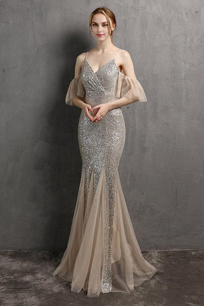 Dress Spaghetti Straps Champagne Sequin Long Party Dress With Ruffles Sleeveless Prom Dress
