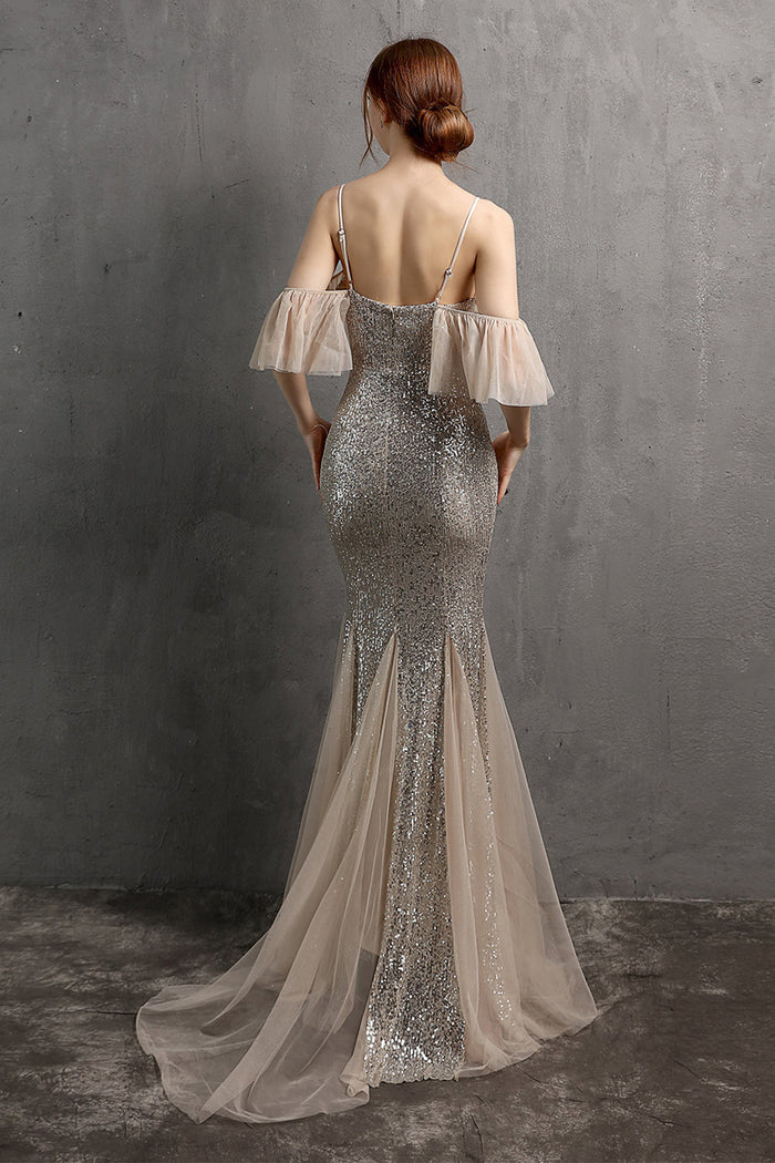 Dress Spaghetti Straps Champagne Sequin Long Party Dress With Ruffles Sleeveless Prom Dress