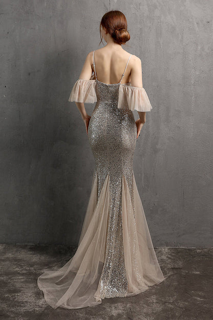 Dress Spaghetti Straps Champagne Sequin Long Party Dress With Ruffles Sleeveless Prom Dress