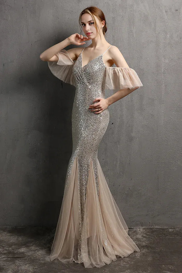 Dress Spaghetti Straps Champagne Sequin Long Party Dress With Ruffles Sleeveless Prom Dress