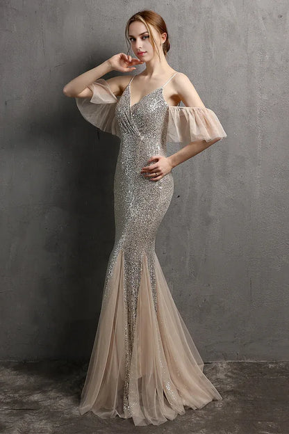 Dress Spaghetti Straps Champagne Sequin Long Party Dress With Ruffles Sleeveless Prom Dress