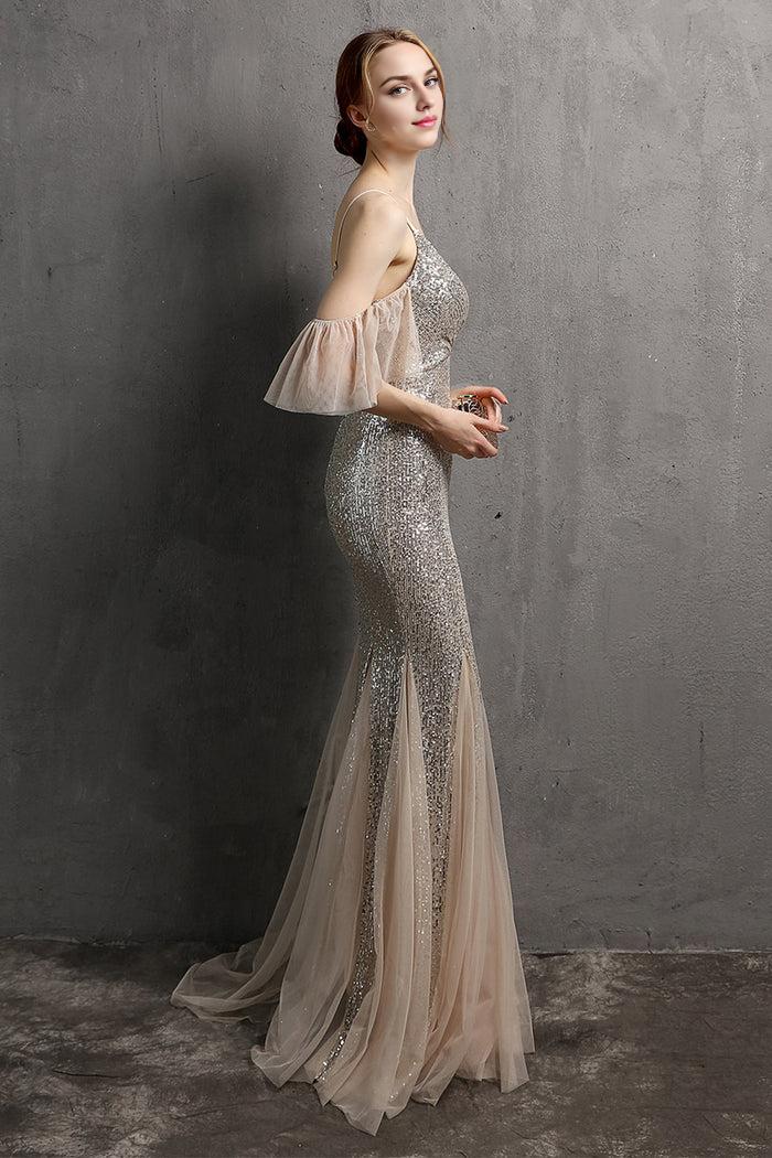Dress Spaghetti Straps Champagne Sequin Long Party Dress With Ruffles Sleeveless Prom Dress