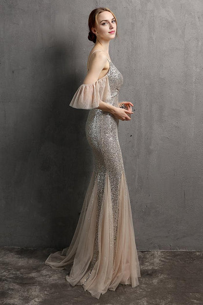 Dress Spaghetti Straps Champagne Sequin Long Party Dress With Ruffles Sleeveless Prom Dress