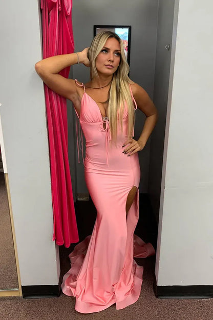 Dress Spaghetti Straps Charming Mermaid V Neck Coral Satin Prom Dress with Slit