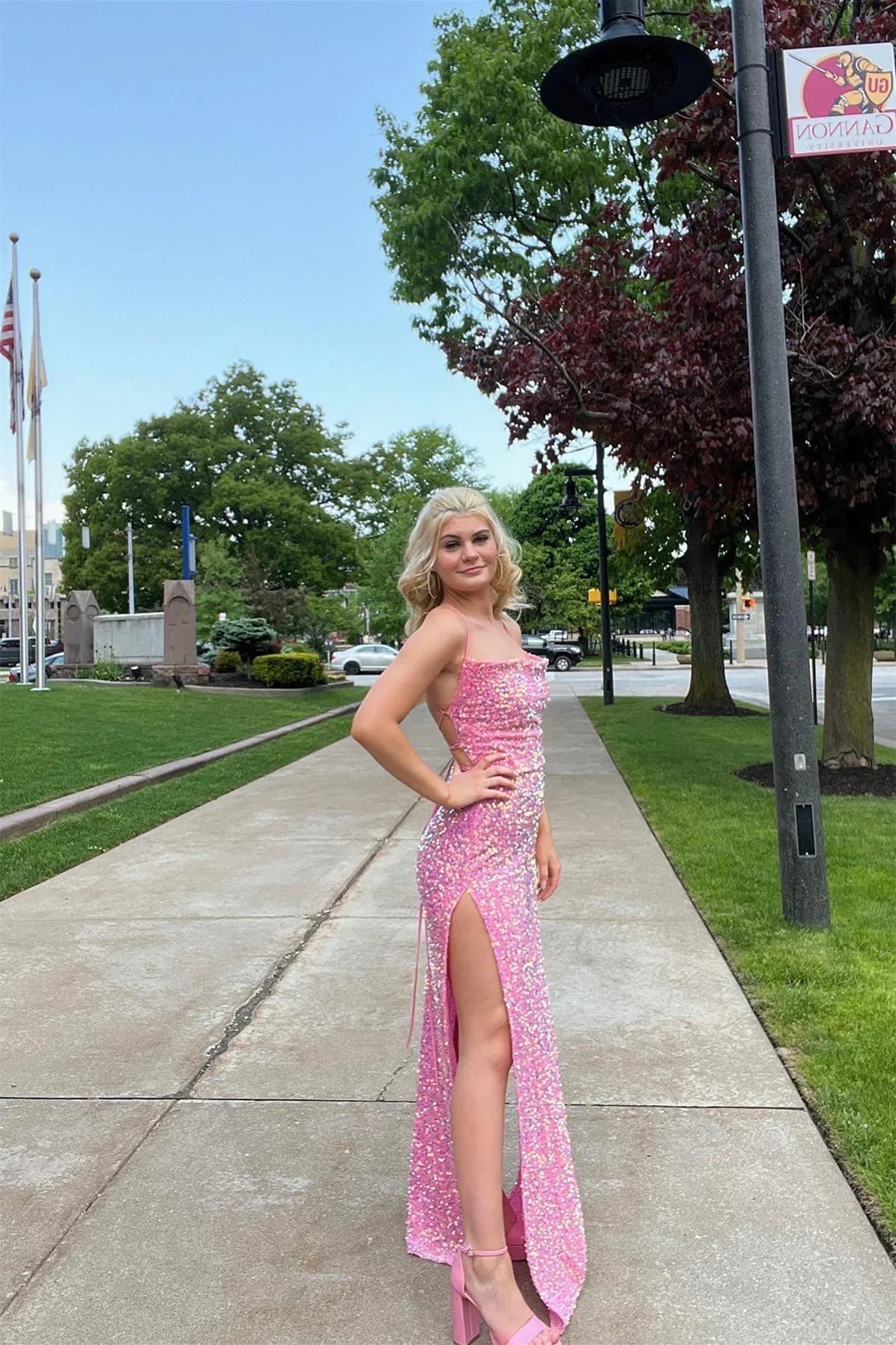 Dress Spaghetti Straps Cowl Neck Pink Sequin Mermaid Formal Dress With Slit Maxi Dress Prom Dress
