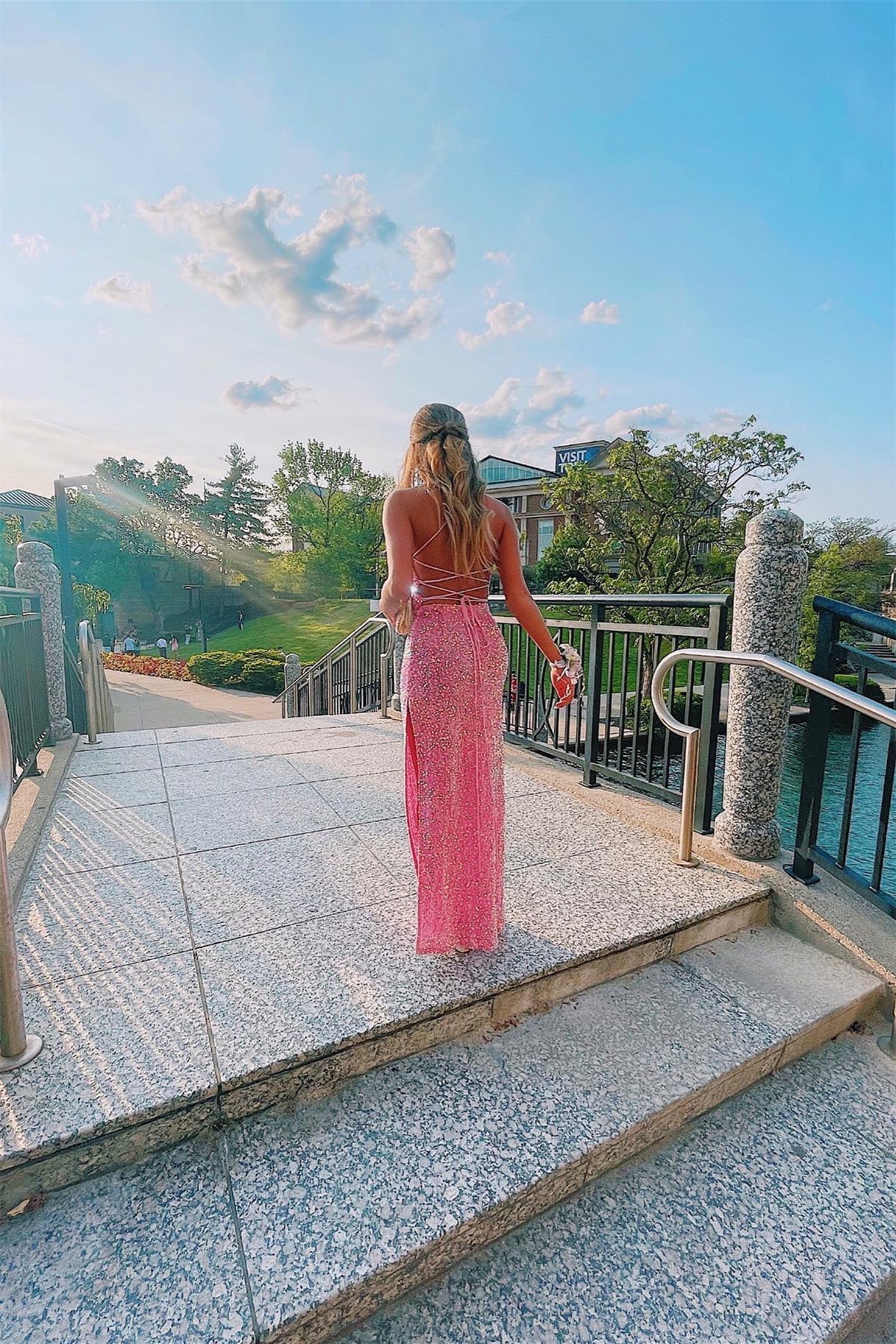 Dress Spaghetti Straps Cowl Neck Pink Sequin Mermaid Formal Dress With Slit Maxi Dress Prom Dress