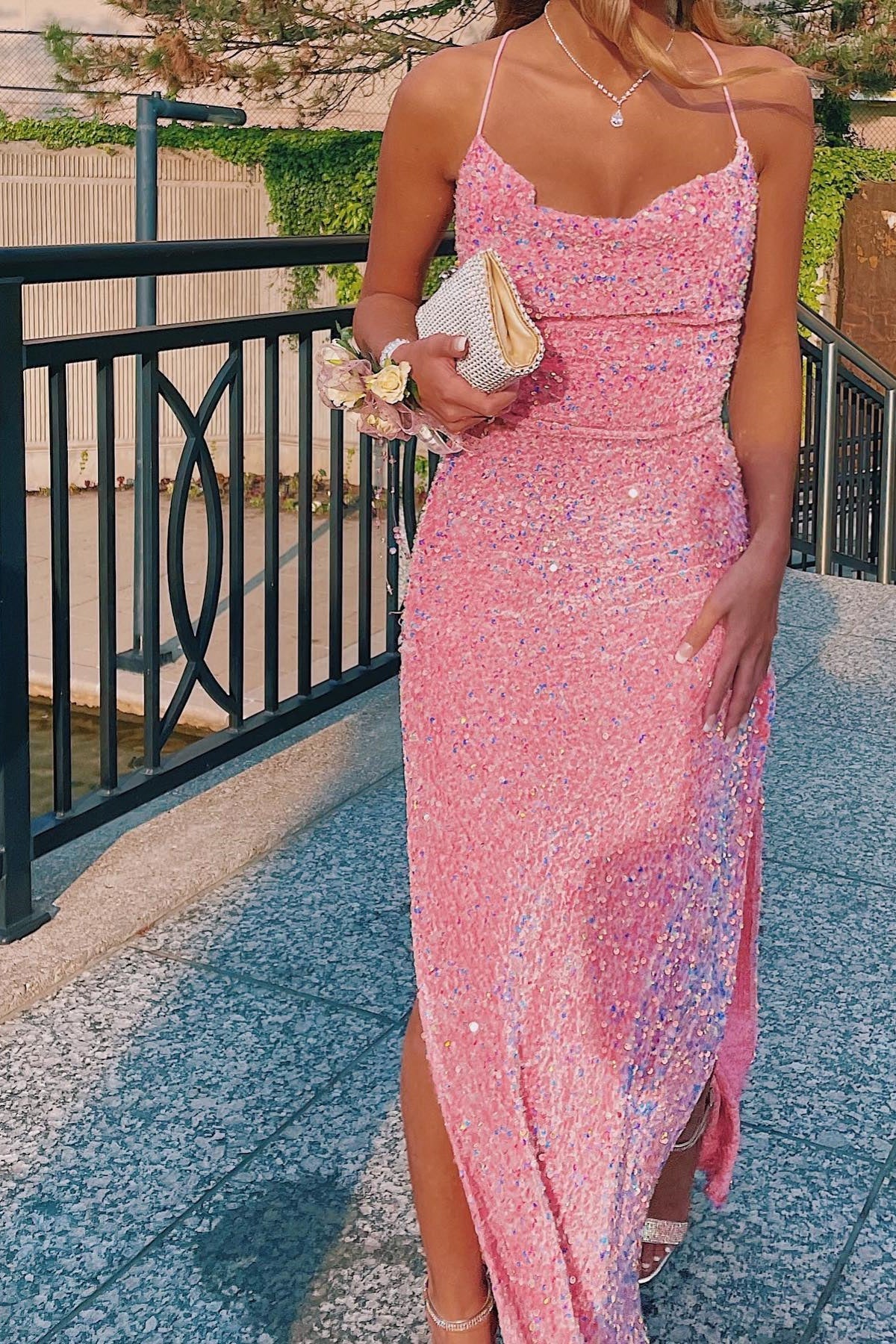 Dress Spaghetti Straps Cowl Neck Pink Sequin Mermaid Formal Dress With Slit Maxi Dress Prom Dress